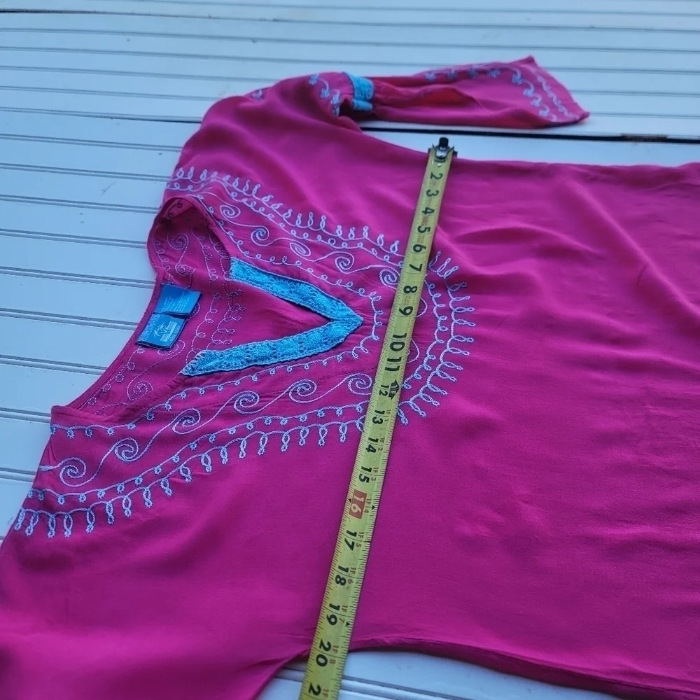 Blue Island Beach Hot Pink Blue Dress Swim Cover Up Tassel Pom Crochet Sz M